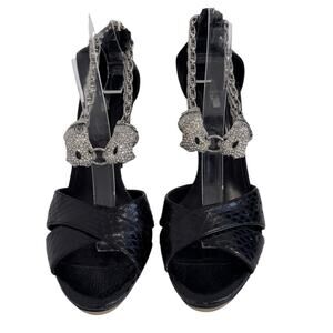 Roberto Cavalli Black Snakeskin Crystal Panther Sandals Heels Size 39